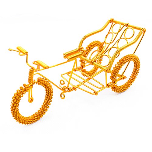 A DECALS Tricycle Rickshaw Metal Model,7“Pedicab Model Handmade Artwork Home Office Desktop Decoration(Golden))