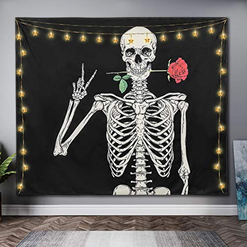 Simplife Rock and Roll Skull Tapestry Funny Skull Human Skeleton Tapestry Hippie Black and White Tapestry Wall Hanging Tapestry for Men Room Decoration（51.2 x 59.1Inches）
