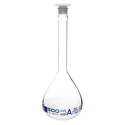 EISCO Volumetric Flask, 500ml - ASTM, Class A - Tolerance 0.20ml - Interchangeable, Size 19 Polypropylene Stopper - Single, White Graduation - Borosilicate Glass