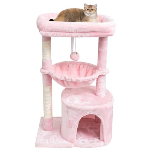SYANDLVY Small Cat Tree for Indoor Cats, Cat Tower with Scratching Post, Modern Cat House with Padded Perch, Kittens Condo with Cradle, Cat Cave, Pink