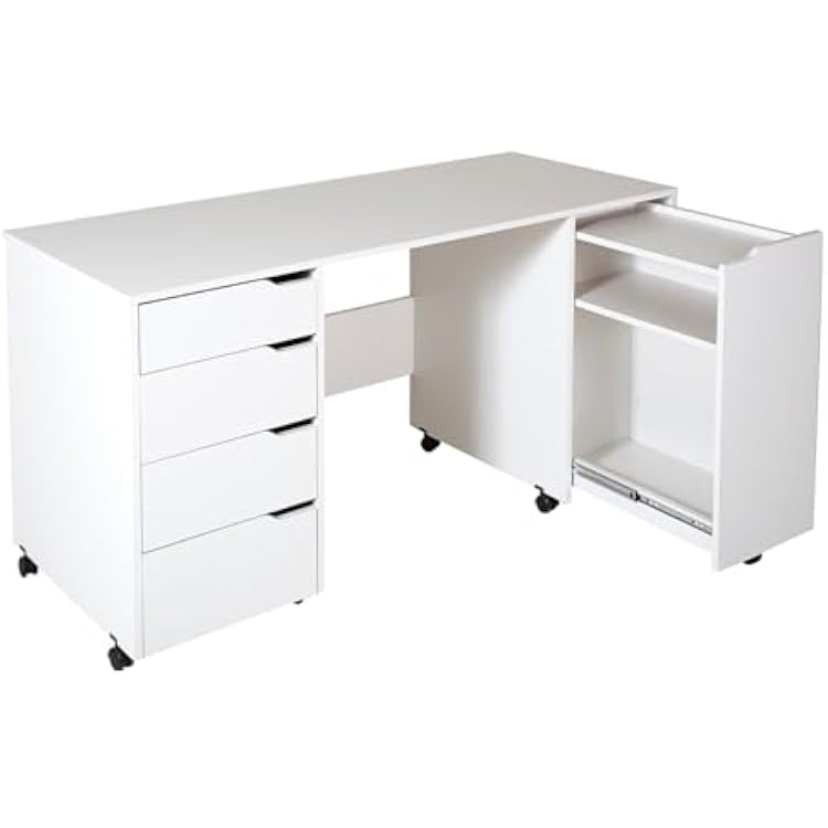 South Shore Farmhouse Craft Table on Wheels with Sliding Shelf, Storage Drawers and Scratchproof Surface, Pure White