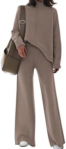 Fixmatti Women Sweater Set 2 Piece Knit Sweatsuit Turtleneck Sweater Top and Wide Leg Pant Lounge Outfits