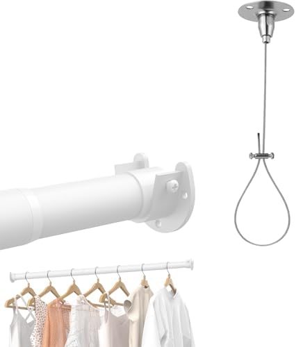Closet Rods for Hanging Clothes, 17 to 28 Inches Stepless Adjustable Metal Closet Rod, Ceiling Support for Closet Rod for Closet Wardrobes Laundry RV