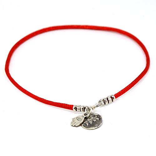 Red Protection & Positive Energy Anklet for Women on Silk String - Sterling Silver Coin Charm & Hamsa Hand Ankle Bracelet for Protection - 9.5 Length with Spring Ring Clasp