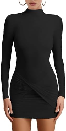Women's Sexy Long Sleeve Turtleneck Bodycon Mini Dresses Ruched Party Short Dress