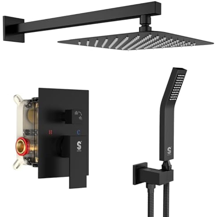 SR SUN RISE Black Square Rainfall Shower Head and Handle Set, Wall Mounted Shower Fixtures, Metal Shower Faucet Trim Repair Kits With Shower Valve