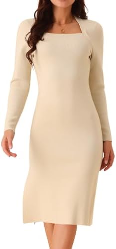 Seta T Womens Sweater Dress Square Neck Slit Hem Long Sleeve Ribbed Knit Casual Bodycon Midi Fall Dresses