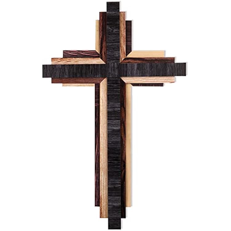 Jetec Christian Wooden Wall Cross,3D Multi-color Triple Stacked Reclaimed Decorative Worn Wooden Wall Cross for Home Religious Church Hanging DecorationClassic Color