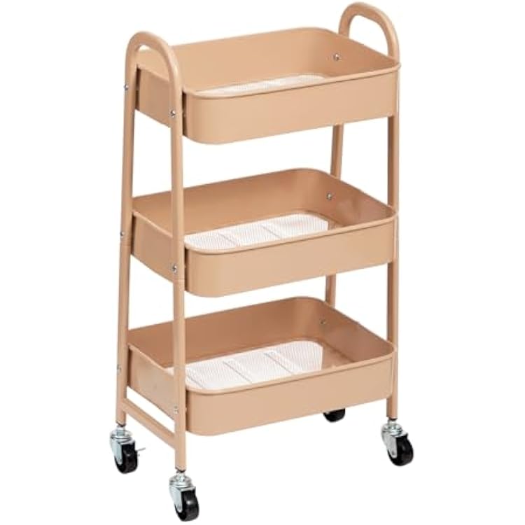 AGTEK 3 Tier Utility Rolling Cart with Lockable Wheels, Metal Multifunctional Storage, Organizer Cart for Kitchen, Office, Living Room, Makeup, Craft, Art Studio, Blush