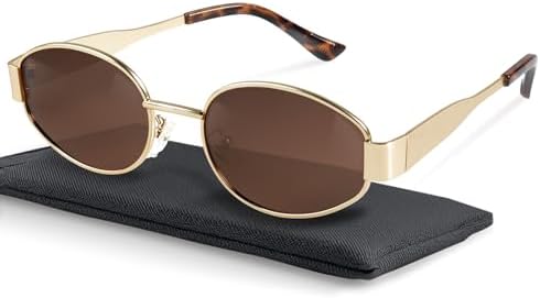 livho Retro Polarized Sunglasses - UV400 Protection, Oval Shape, Metal Frames - Matching Soft Case Inlcuded
