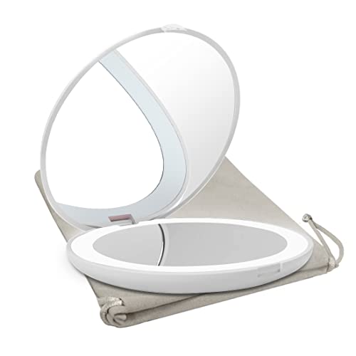 Travel Mirror with LED Lighted, 1x10x Magnification Compact Mirror with Light, 2-Sided Illuminated Folding Round Mirror, Handheld Pocket Makeup Mirror White