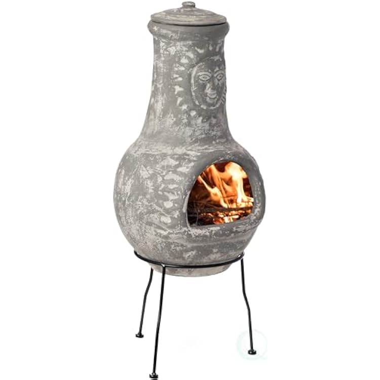 Outdoor Clay Chiminea Fireplace Sun Design Wood Burning Fire Pit with Sturdy Metal Stand, Barbecue, Cocktail Party, Cozy Nights Fire Pit, Stone Gray
