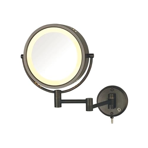 JERDON Two-Sided Wall-Mounted Makeup Mirror with Lights - Lighted Makeup Mirror with 8X Magnification & Wall-Mount Arm - 8.5-inch Diameter Mirror with Bronze Finish Wall Mount - Model HL75BZ