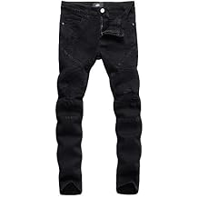 ZLZ Black Biker Jeans for Men, Slim Fit, Comfy Stretch Ripped Distressed Biker Pants, Designer Jeans