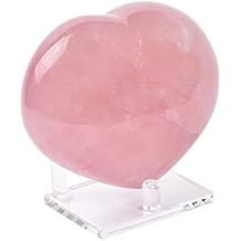 AMOYSTONE Rose Quartz Crystal Rocks Heart Puffy Worry Stone Palm Healing for Chakra Reiki Balancing Meditation Home Decor with Plastic Stand 4.3"-4.7"