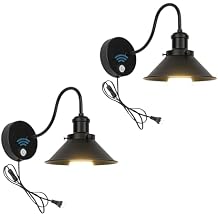 2Pcs Motion Sensor Wall Sconce UL Plug-in Cord Black Gooseneck with Black Iron Shade Minimalist Style Wall Light Fixture for Entrance Hallway Toilet Stairs Loft