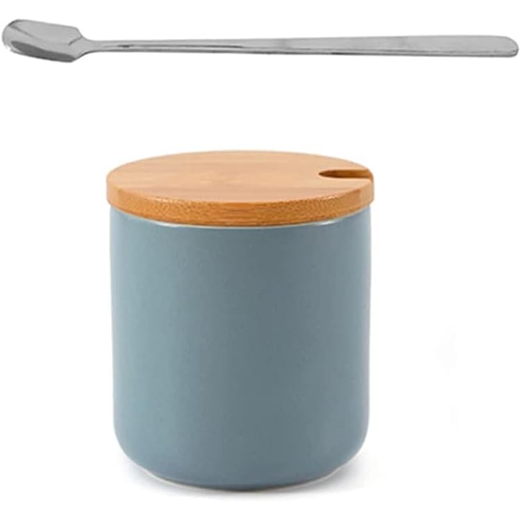 Ceramic Sugar Bowl Seasoning Pot Spice Jar Storage Jar with Wood Lid Spoon