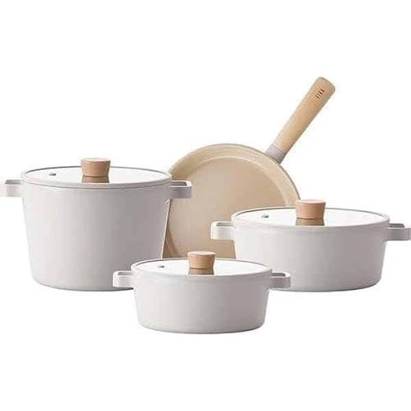 NEOFLAM FIKA Kitchen Essentials Cookware Frying Pan and Pot Glass Lid Set Nonstick Ceramic Coated Skillet Casserole Induction Style Made in Korea Set of 7