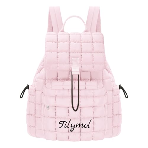 Quilted Backpack for Women, Puffer Hiker Pack, Padding Drawstring Travel Gym Bag, Pink