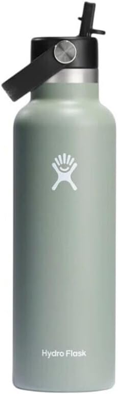 HYDRO FLASK - Water Bottle 621 ml (21 oz) - Vacuum Insulated Stainless Steel Water Bottle with Flex Straw Cap - BPA-Free - Standard Mouth - Agave
