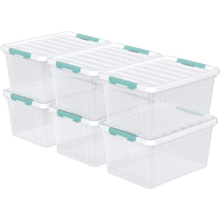 6-Pack 35 quart Large Plastic Storage Bin, Latching Box with Clear Base, White Lid and Green Latches