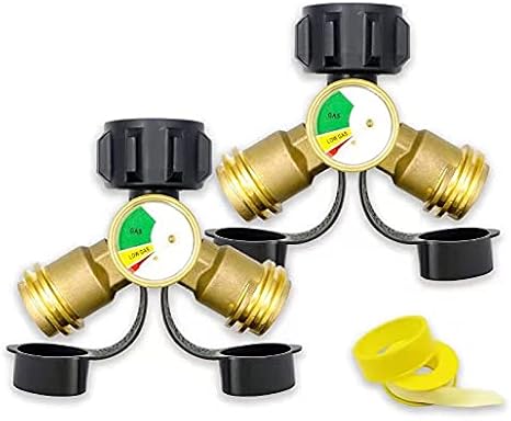2 PackPropane Tank Y Splitter Adapter with Gauge and Shut-Off Valve, 2 Way Propane Gas Splitter for Camping Stoves, BBQ Grills, RV Camper