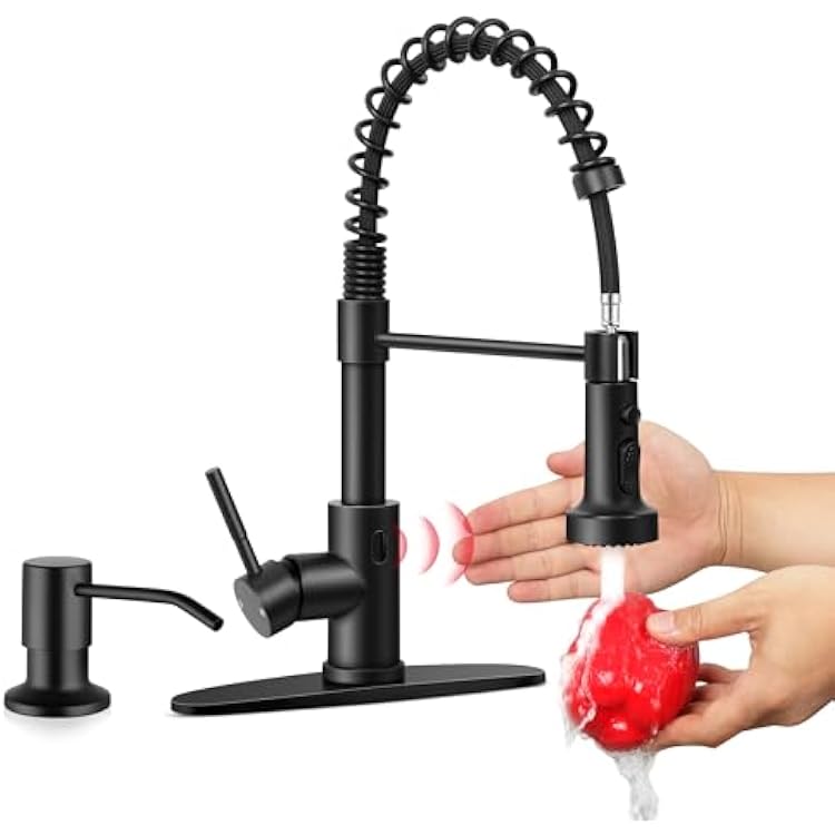 Matte Black Touchless Kitchen Faucet with Pull Down Sprayer & Soap Dispenser, Homikit Single Handle Hand-Free Smart Spring Kitchen Sink Faucets for Vanity Laundry RV, Heavy Duty 1810 Stainless Steel