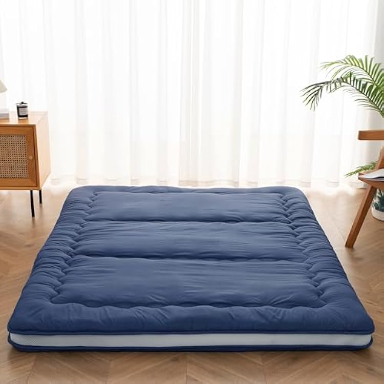 Syalife Japanese Futon Mattress Floor Mattress Queen Size, 4 Thicken Foldable & Portable Floor Bed Sleeping Pad, Traditional Shikibuton Navy Blue, 54  80 SP-USB001-54NB-A