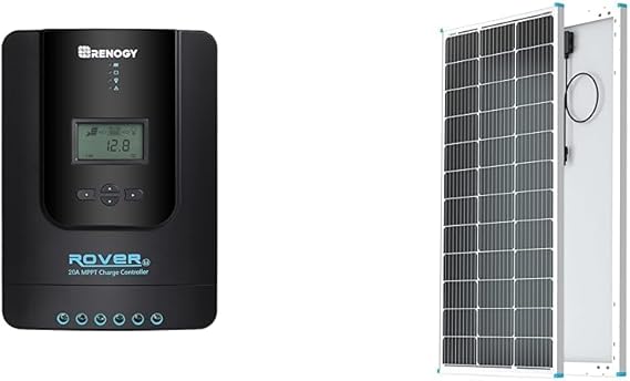 Renogy Rover 20A 12V/24V Auto DC Input MPPT Solar Charge Controller Parameter & Solar Panel 100 Watt 12 Volt, High-Efficiency Monocrystalline PV Module Power Charger, Single 100W