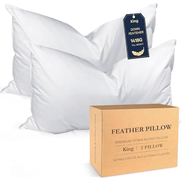 BHZ King Size Pillows Feather Down Set of 2 Hotel My King Pillows Bed Goose Pillow Luxury 2 Pack Pillow for Sleeping Side Sleepers Soft Support Gifts