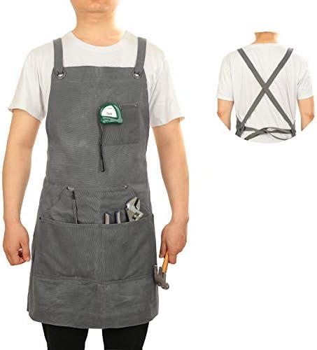 Lenmipot Heavy Duty Waxed Canvas Apron - Back Straps Adjustable & Durable Working Protection Apron with Pockets 20oz