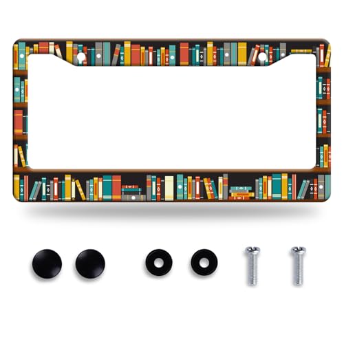 Cartoon Bookshelf Pattern License Plate Frame Funny Books License Plate Holder Stainless Steel Accessories License Plate Cars Decoration with Screws Fits Standard Vehicles Size 12.3 x 6.3 Men Women