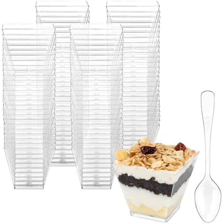 Colovis Mini Dessert Cups, 100 CT 2oz Clear Plastic Parfait Appetizer Cups with Spoons Mini Square Dessert Bowls for Serving, Tasting 100