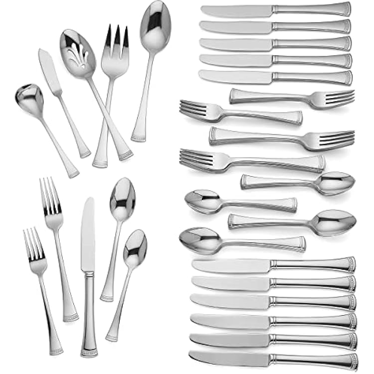 Lenox Silverware Set For 12, Portola 65-Piece Flatware Set with Serving Utensils, Service For 12, 1810 Stainless Steel Flatware, Dishwasher Safe, Knives Spoons and Forks Silver, 65 pieces