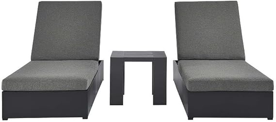 Modway Tahoe Aluminum Outdoor Patio Set of 2 Chaise Side Gray Charcoal, 3-Piece Set of Pool Lounge Chairs and Accent Table for Backyard Furniture