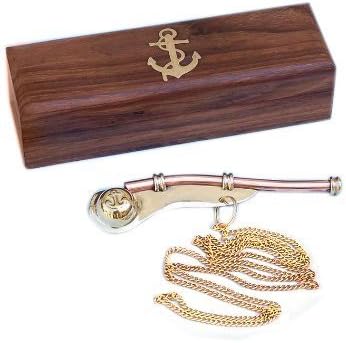 Solid Brass/Copper Boatswain (Bosun) Whistle with Rosewood Box 5" Brass Rustic Vintage Home Decor Gifts