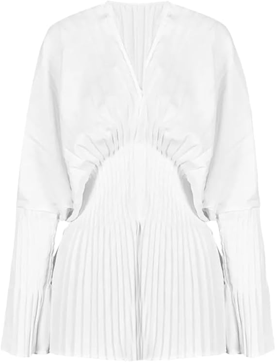 HEYDHSDC Women White Pleated Big Size Blouse V-Neck Long Sleeve Shirt