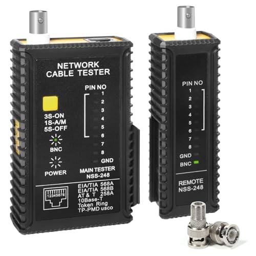 Brileine Dual-Function Coaxial & RJ45 Network Cable Tester with 2-Pack BNC Male to F Female Adapters, CAT5CAT6Coax Continuity Checker Battery Not Included