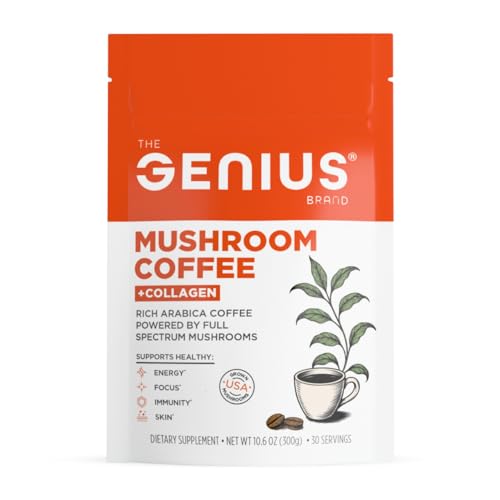 The Genius Brand Organic Mushroom Coffee  Collagen - Daily Energy Support - Healthy Immune Function - Arabica Coffee with Cordyceps, Reishi & Lions Mane Mushroom Blend - 10.6 oz 30 Servings