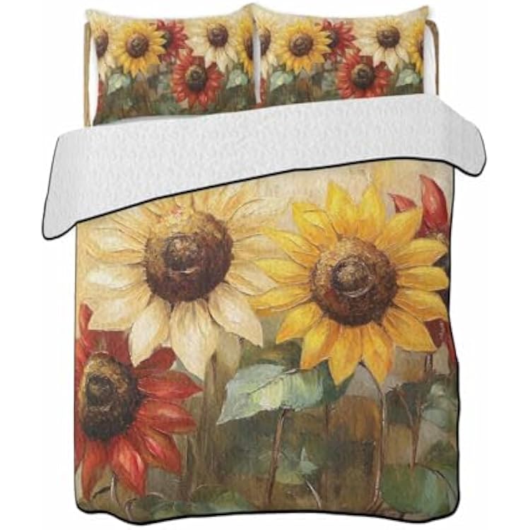 Quilt King Size Bedding Set, Summer Sunflowers Lightweight Summer Quilt 3 Pieces Bedding Sets, Vintage Oil Painting Red Yellow Floral Bedspreads Coverlets with 2 Pillow Shams for All Season