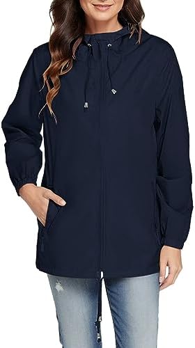 Waterproof Jackets for Women Lightweight Zipper Long Sleeve Rain Jacket Outdoor Hiking Hooded Raincoats Windbreaker