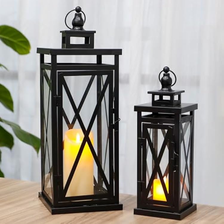 TRIROCKS Set of 2 Deacorative Candle Lantern 20 & 11 High Metal Candle Holder Hanging Lanterns with Tempered Glass Perfect for Indoor Outdoor Home Decor Parties Garden Events Wedding Black