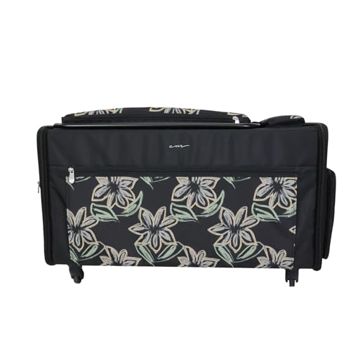 Everything Mary Jumbo Rolling Sewing Machine Case Black Floral Organizer with 5 Heavy-Duty Wheels Compatible with Large Brother & Singer Sewing Machines Durable Tote