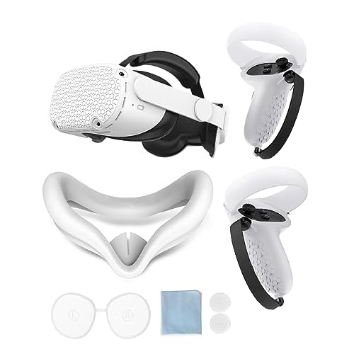 Gwyoneaon Protective Cover for OculusMeta Quest 2 Accessories, Silicone Controllers Grip Cover Protector, Soft Shell Skin with Face Cover and Lens Cover White