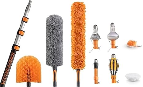 20 Foot High Reach Duster Kit with 4-12 ft Extension Pole & Light Bulb Changer Attachment Kit // Cobweb Duster, Feather Duster & Fan Duster // Suction Cup, Light Bulb Remover, Microfiber and Basket