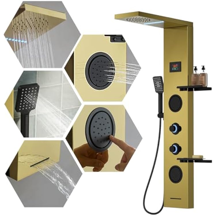 5 in 1 Gold Shower Panel Tower System With Storage Shelf, 304 Stainless Steel Shower Tower with Rainfall Shower Handheld and Tub Spout, Powerful Body Jets, Wall-Mounted Shower Set