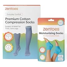 ZenToes Spa & Recovery at Home - Basic Compression Socks (Medium, Frosted Blue, Regular) + Moisturizing Heel Socks (Fuzzy Blue, Regular)