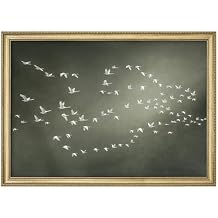 MUDECOR Premium Framed Wall Art White Birds in Flight on Olive Green Illustrations Impressionism Scenic Colorful for Living Room, Bedroom, Office - 26"x36" Gold
