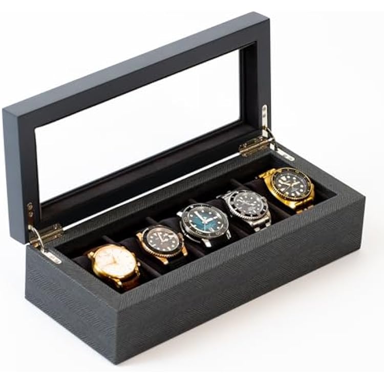 CASE ELEGANCE Two Tone Herringbone Pattern Watch Box MenWomen Watch Box Storage Box for 5 Watches, Organizer with Glass Lid
