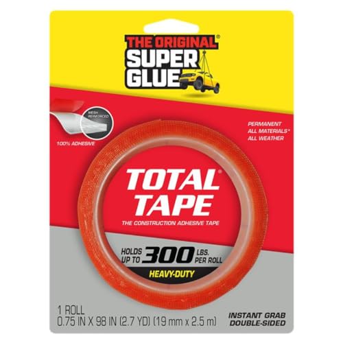 Super Glue, Total Tape Roll, Strong Indoor & Outdoor Construction Adhesive, Holds 300 lbs. per Roll, Permanent Bonding, All-Weather, Mesh Reinforced, Easy-to-Use Double-Sided Tape